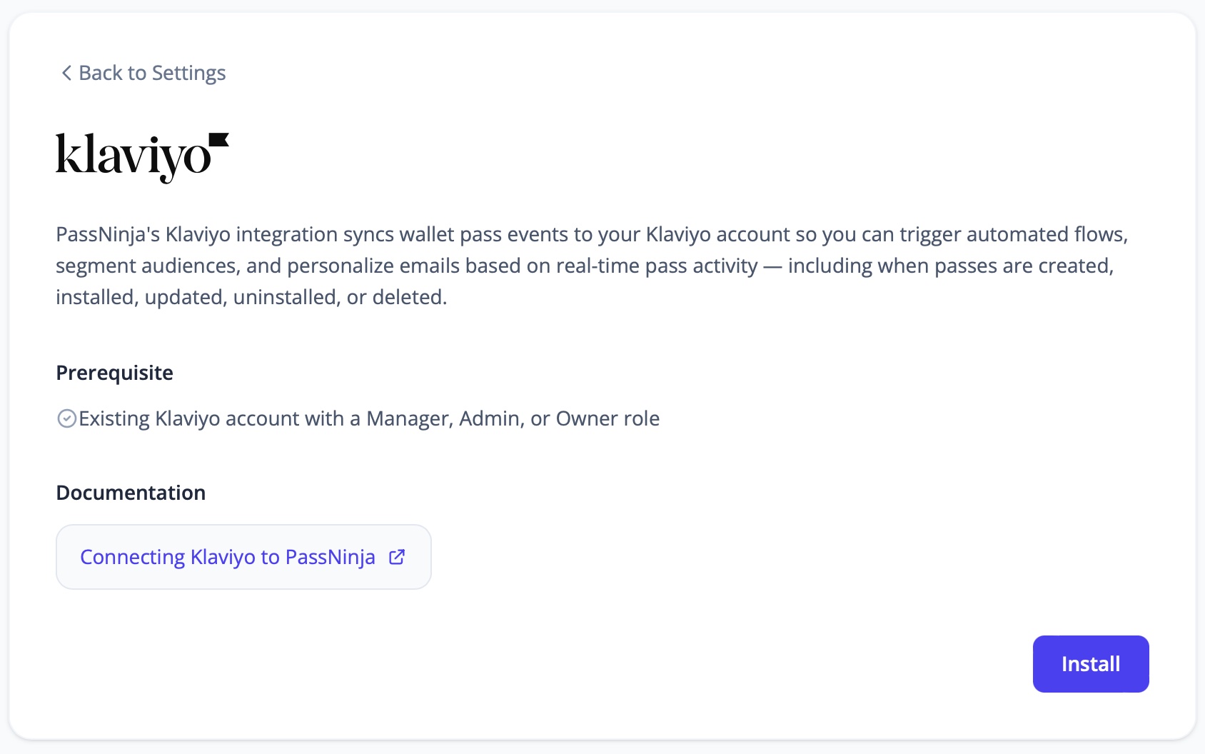 Klaviyo integration settings page