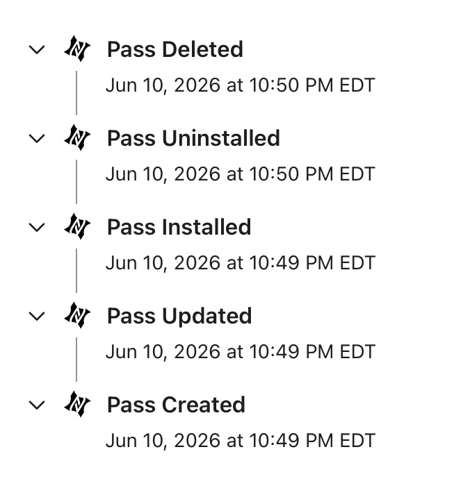 PassNinja events appearing in Klaviyo's activity timeline — Pass Created, Pass Installed, and Pass Uninstalled